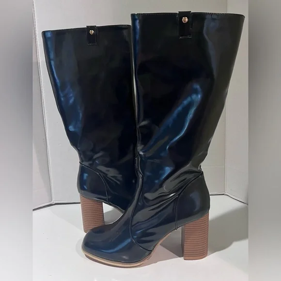 Leila Stone Vegan Black Patent Leather Cynira Knee-High Boots Block Heel Size 10 - Picture 3 of 12